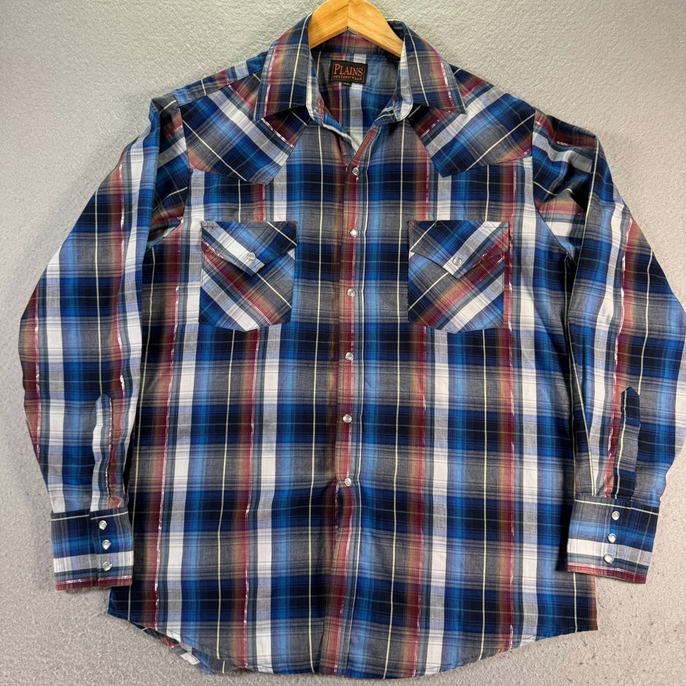 Vintage Plains Western Pearl Snap Shirt Mens Medium Blue Plaid Flap Pocket Rodeo